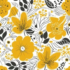 Foto op Aluminium Simple and decorative hand-drawn yellow flowers in a Scandinavian-style floral seamless pattern. AI generation. © BLACK AND WHITE LOGO