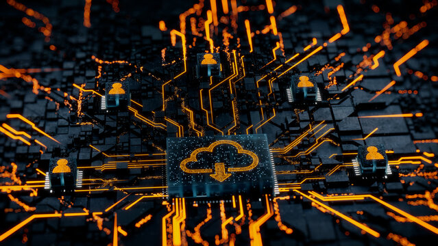 Data storage Technology Concept with cloud download symbol on a Microchip. Orange Neon Data flows between Users and the CPU across a Futuristic Motherboard. 3D render.