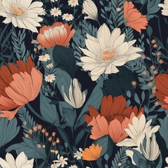floral print with botanical flowers as a seamless pattern for textile design or background. AI generation.