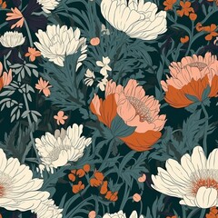 floral print with botanical flowers as a seamless pattern for textile design or background. AI generation.