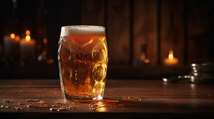 Full glass of light lager beer with drops on the side, wooden table in warm light of bar. Generative AI technology