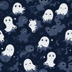 Ghostly phantoms on a dark background as a seamless pattern. AI generation.