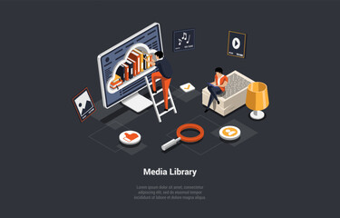 Self Education And Media Library. Character Searching A Book In Electronic Library. Modern Digital Library With Characters, Monitor Screen And Book Stacks. Isometric 3d Cartoon Vector Illustration