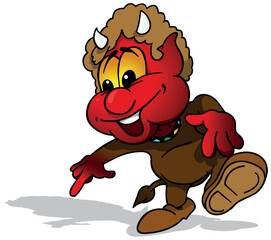 Funny Red Smiling Devil with Burning Eyes Pointing with his Finger