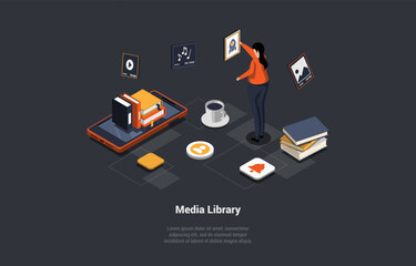 Self Education And Media Library. Woman Searching Book In Mobile Electronic Library. Modern Digital Library With Character, Smartphone Screen And Book Stacks. Isometric 3d Cartoon Vector Illustration