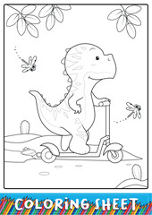 cute baby dino rides a scooter for kids coloring sheet