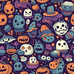 Autumn and Halloween-themed seamless pattern with ghosts. AI generation.