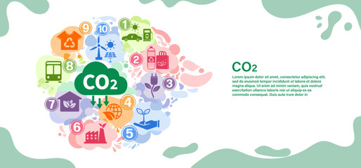Naklejka premium Reduce carbon dioxide emissions to limit global warming and climate change. Lower CO2 levels with sustainable development as renewable energy and electric vehicles - green city vector 