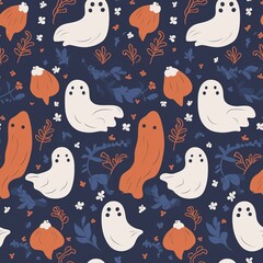 Autumn and Halloween-themed seamless pattern with ghosts. AI generation.