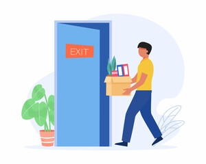 Depressed worker holding a boxes. They was fired from job discharged for bad work concept of Unemployment and Jobless worker.