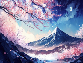 Beautiful spring landscape, Mountain watercolor background, Landscape painting, Watercolor landscape, Ocean watercolor hand painting illustration, Cherry blossom landscape.