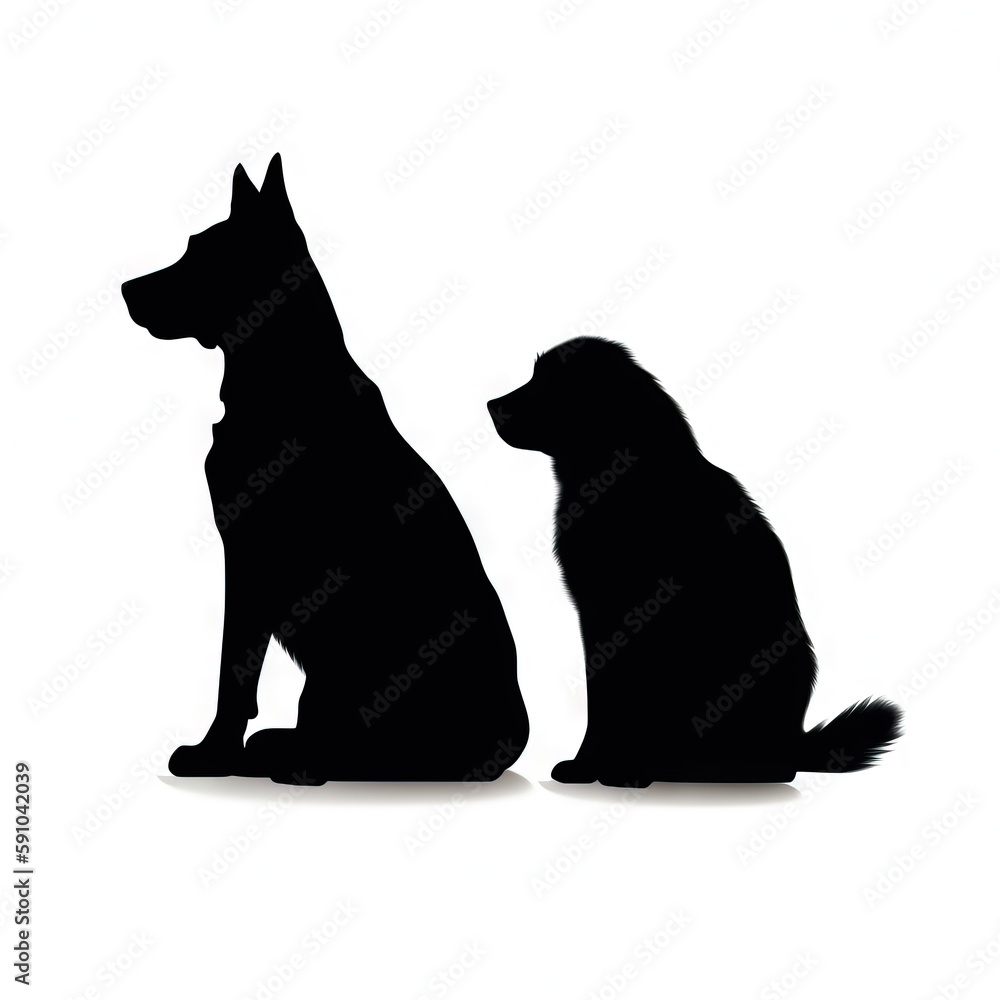 Poster a dog and a cat sitting side by side in silhouette on a white background with a shadow of the dog an