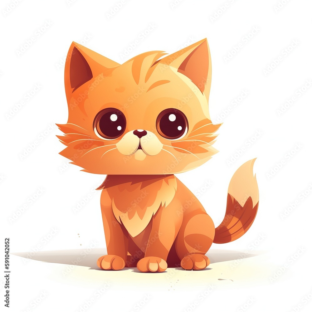 Poster a cartoon cat with big eyes sitting down on the ground with a white background and a white backgroun