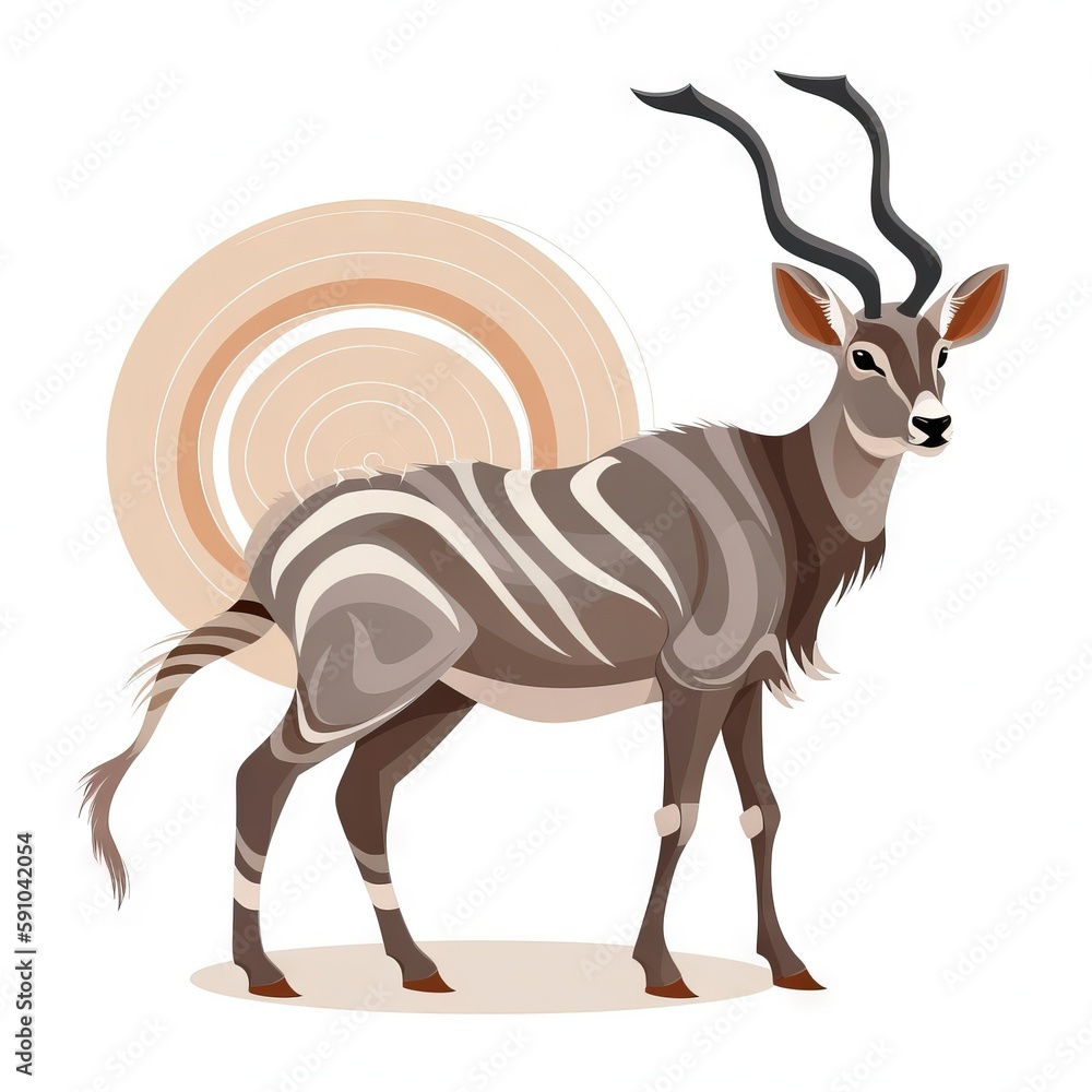 Poster a zebra with long horns standing in front of a white background with a spiral design on the back of 