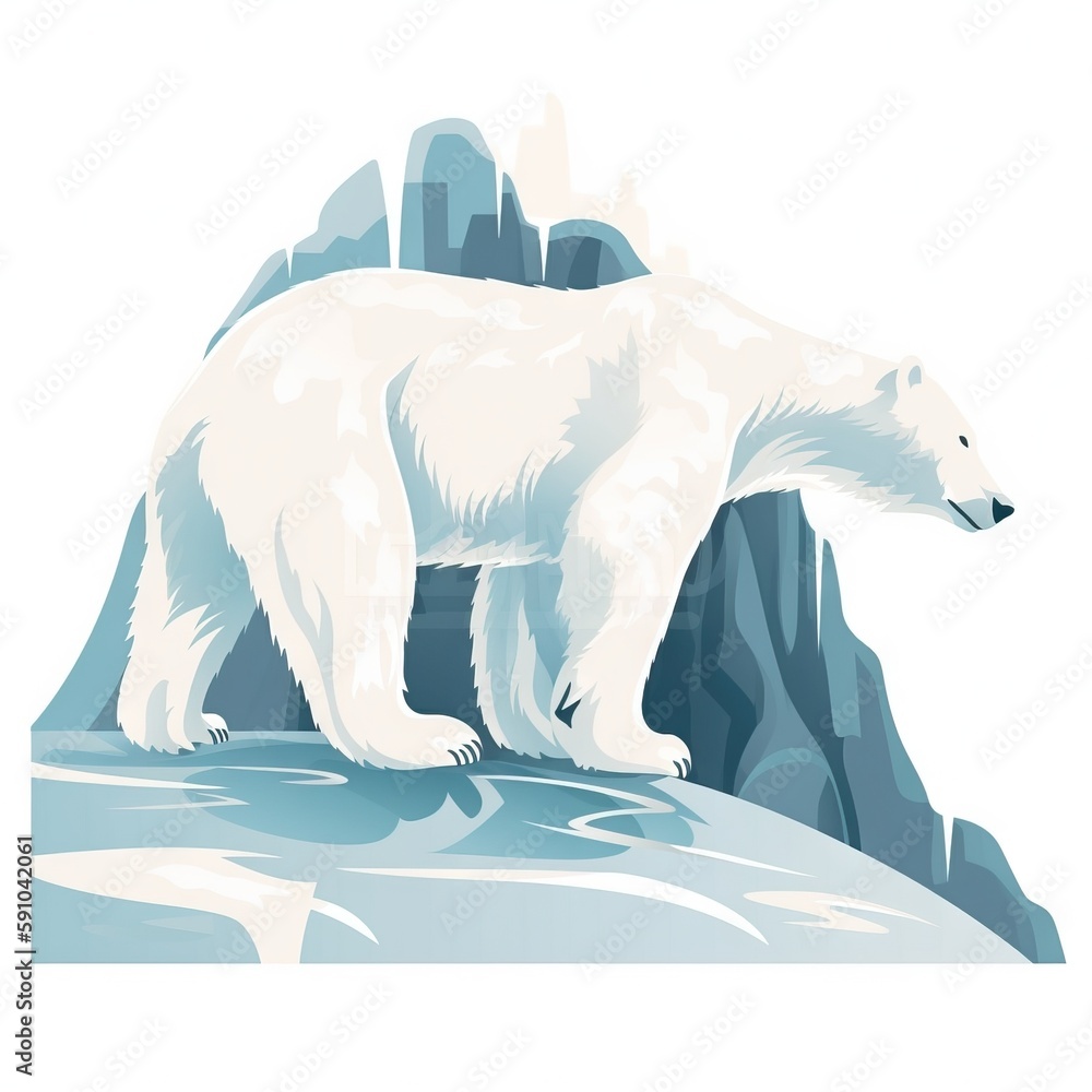 Poster a polar bear standing on a rock in front of a mountain and iceberg in the background with a white ba