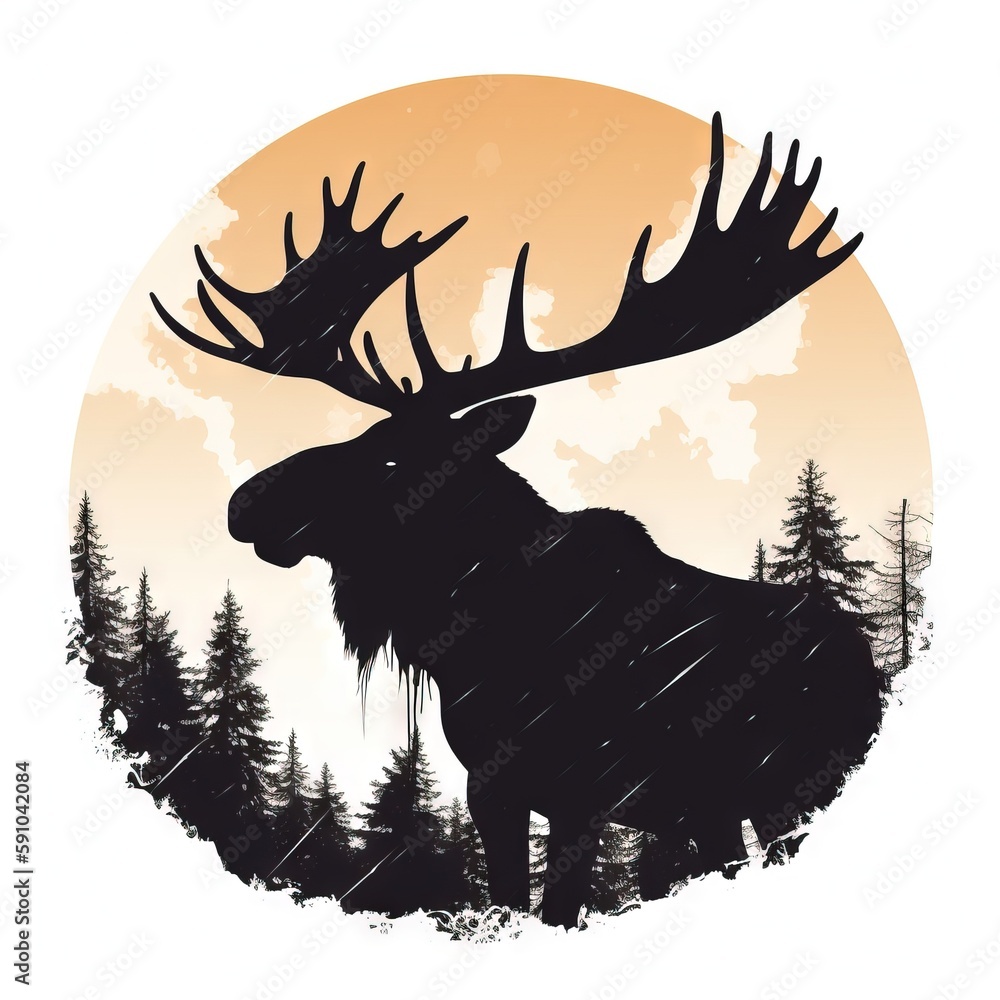 Poster a moose with antlers standing in front of a full moon with trees in the foreground and snow falling 