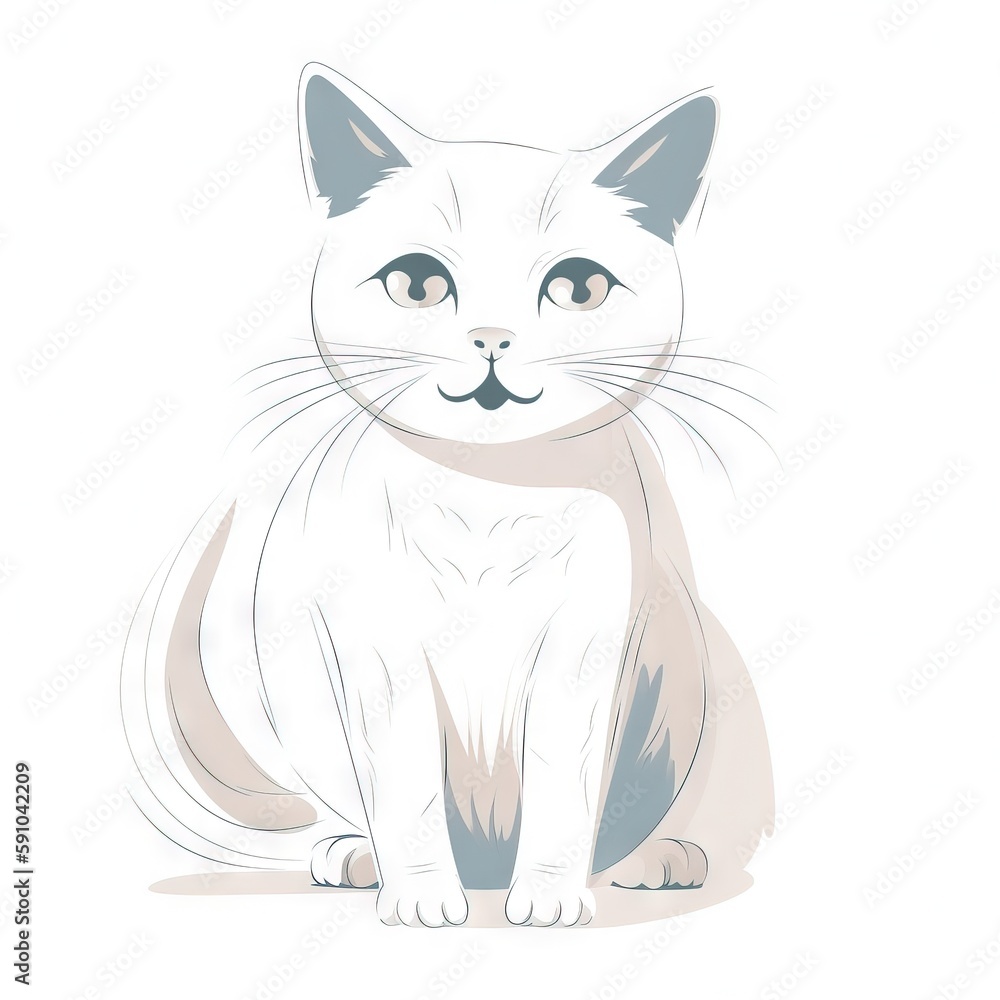 Poster a white cat sitting down looking at the camera with a sad look on its face and a white background wi
