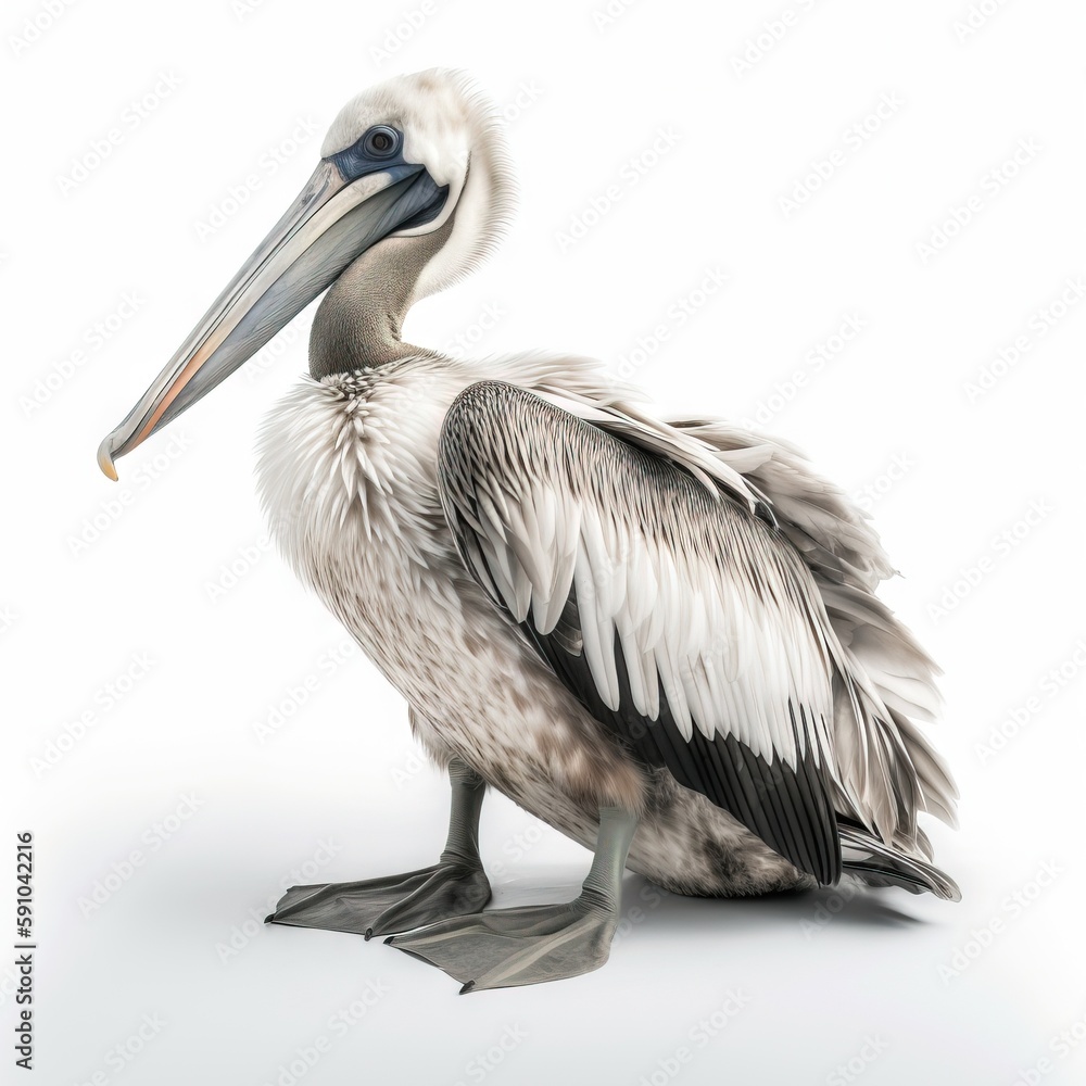 Poster a pelican is standing on a white surface with its wings spread out and it's head turned to the side,