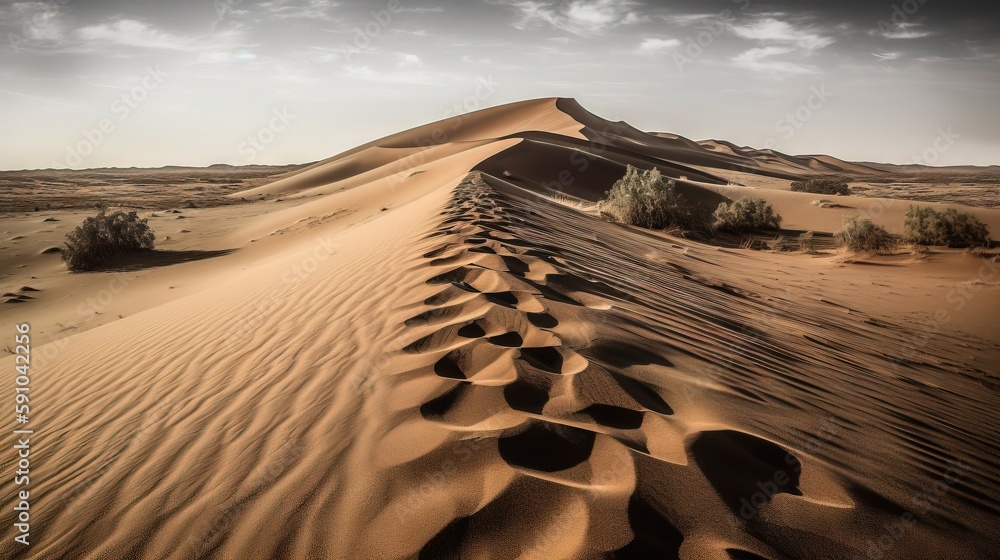 Poster a large sand dune in the middle of a desert with a few trees growing out of the top of the sand and 