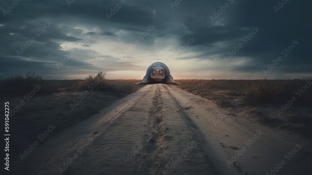 Poster a large tortoise shell sitting on top of a dirt road in the middle of a field under a cloudy sky wit