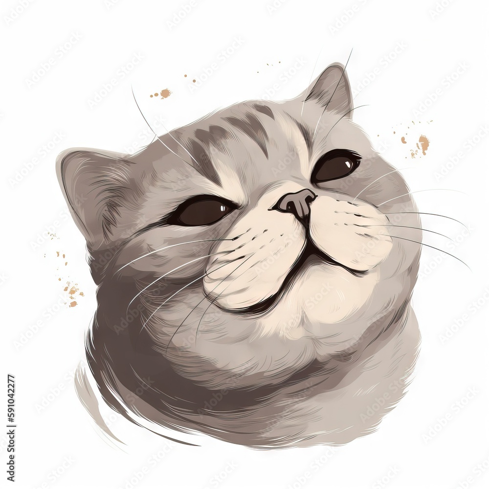 Poster a drawing of a cat's face with its eyes open and a nose wide open, with watercolor stains on the bot