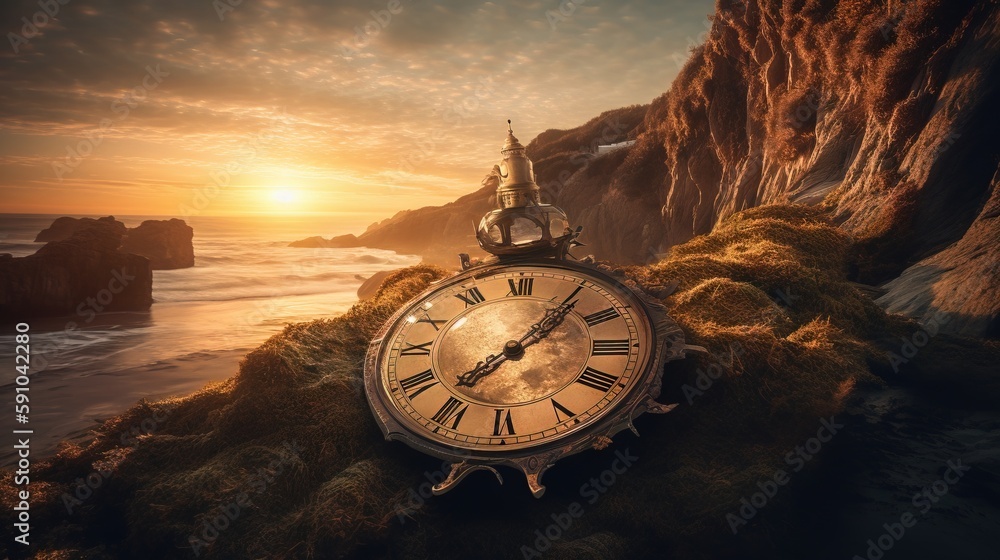 Poster a clock sitting on top of a moss covered hill next to the ocean with a sunset in the background and 