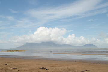 Bako national park, sea sandy beach, sunny day, blue sky and sea. Vacation, travel, tropics concept