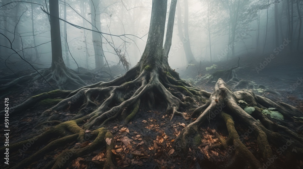 Poster a very large tree with very large roots in a foggy forest with lots of leaves on the ground and a fe