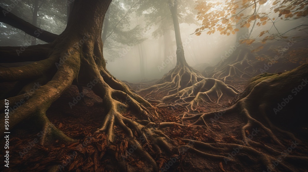 Poster  a group of trees with their roots exposed in a forest in the foggy day with leaves on the ground and a few trees with their roots exposed in the ground.  generative ai
