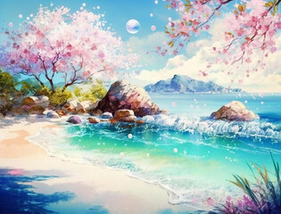 Beautiful spring landscape, Summer beach watercolor background, Landscape painting, Watercolor landscape, Ocean watercolor hand painting illustration, Cherry blossom landscape.