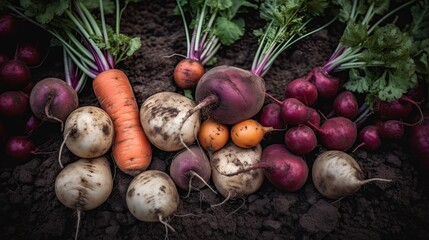 A variety of vegetables are laid out in the soil., generative ai