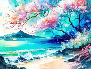 Beautiful spring landscape, Summer beach watercolor background, Landscape painting, Watercolor landscape, Ocean watercolor hand painting illustration, Cherry blossom landscape.