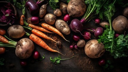 A bunch of carrots and beets on a dark background., generative ai