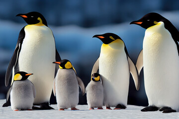 Fototapeta premium Emperor Penguin family with a fluffy baby, in snowy Antarctic, generative ai