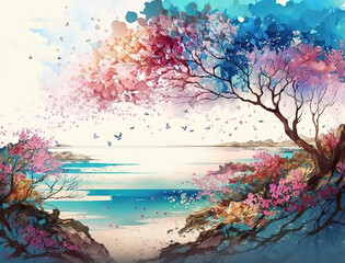 Beautiful spring landscape, Summer beach watercolor background, Landscape painting, Watercolor landscape, Ocean watercolor hand painting illustration, Cherry blossom landscape.