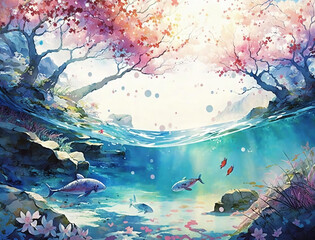 Beautiful spring landscape, Summer beach watercolor background, Landscape painting, Watercolor landscape, Ocean watercolor hand painting illustration, Cherry blossom landscape.