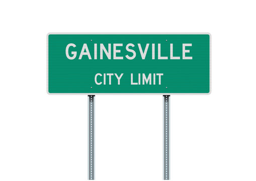 Vector illustration of the Gainesville (Florida) City Limit green road sign on metallic posts