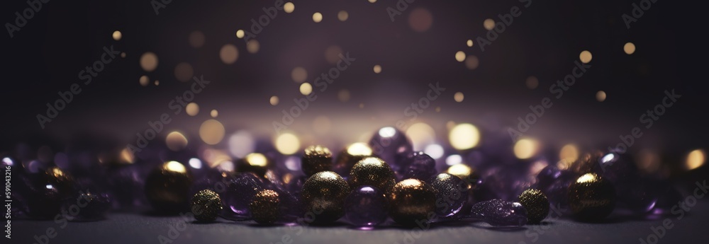 Poster golden ad purple chrome balls background with bokeh sparkles background. generative ai