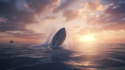 a whale jumps out of the water in the sunset rays of the sun in the ocean. Pisces. generative ai