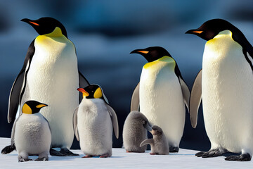 Fototapeta premium Emperor Penguin family with a fluffy baby, in snowy Antarctic, generative ai