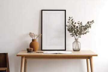 Minimalist Living: A Close-Up of a Wooden Table with a White Vase and a Book