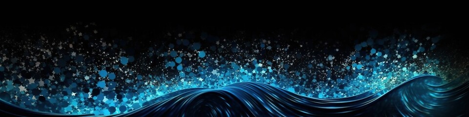 Blue sea water wave with blue particles splashing in air om black background. Generative AI