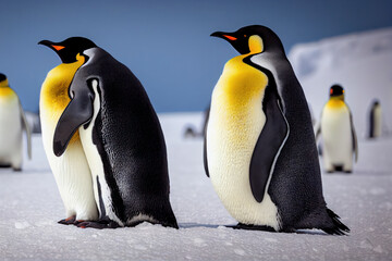 Emperor Penguin family with a fluffy baby, in snowy Antarctic, generative ai