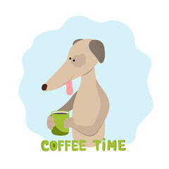 Greyhound dog with a cup of coffee or tea. Coffee time