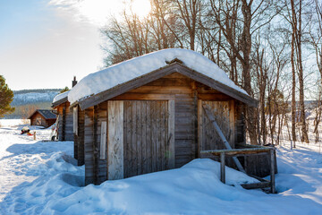 Sami village in Kiruna in Sweden. Lapland with reindeer and huts