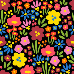 Simple seamless floral vector pattern. Bright multi-colored wildflowers, grass on a black background. For fabric prints, textiles. Spring-summer collection.
