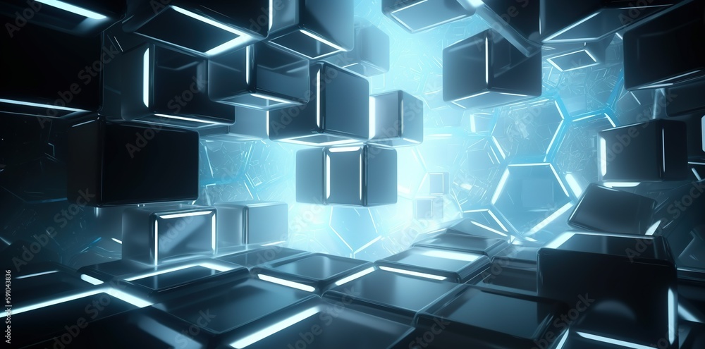 Poster 3d glowing cubes in air abstract rotating in a city night loop blue blocks background, 3d computer o
