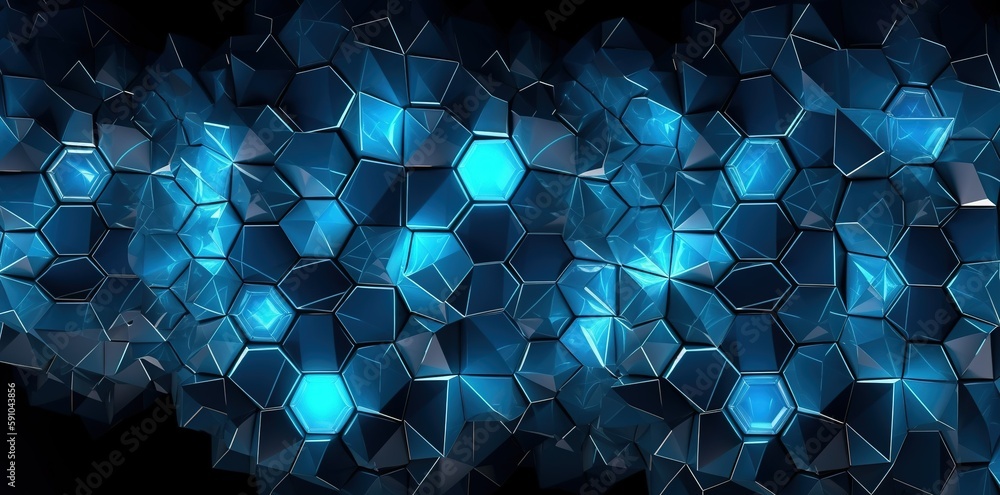 Poster blue and dark hexagonal cube 3d texture pattern background, hexagon cube background. generative ai