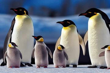 Fototapeta premium Emperor Penguin family with a fluffy baby, in snowy Antarctic, generative ai