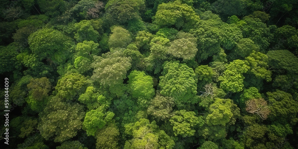 Poster Top view of the green forest.Aerial view. Panoramic shot. Generative AI